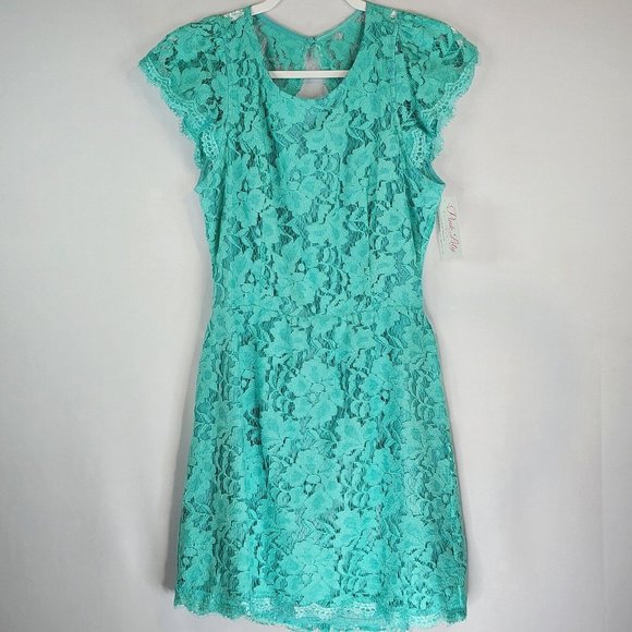 Pink Lily Dresses & Skirts - Pink Lily Dress Womens Large Turquoise Floral Lace Casual Backless Knee Length